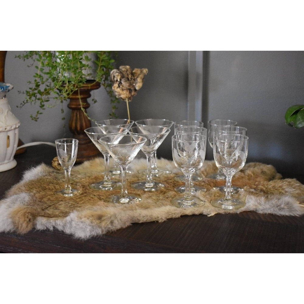 vtg‎ Wheat Sasaki crystal wine cocktail multi sided stem barware set glassware